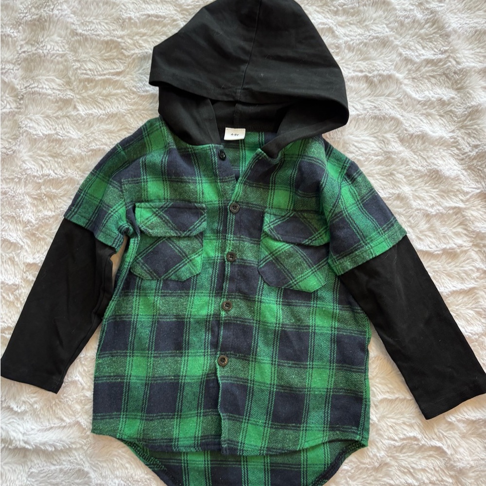 Boys Green Oversized Hooded Flannel Top